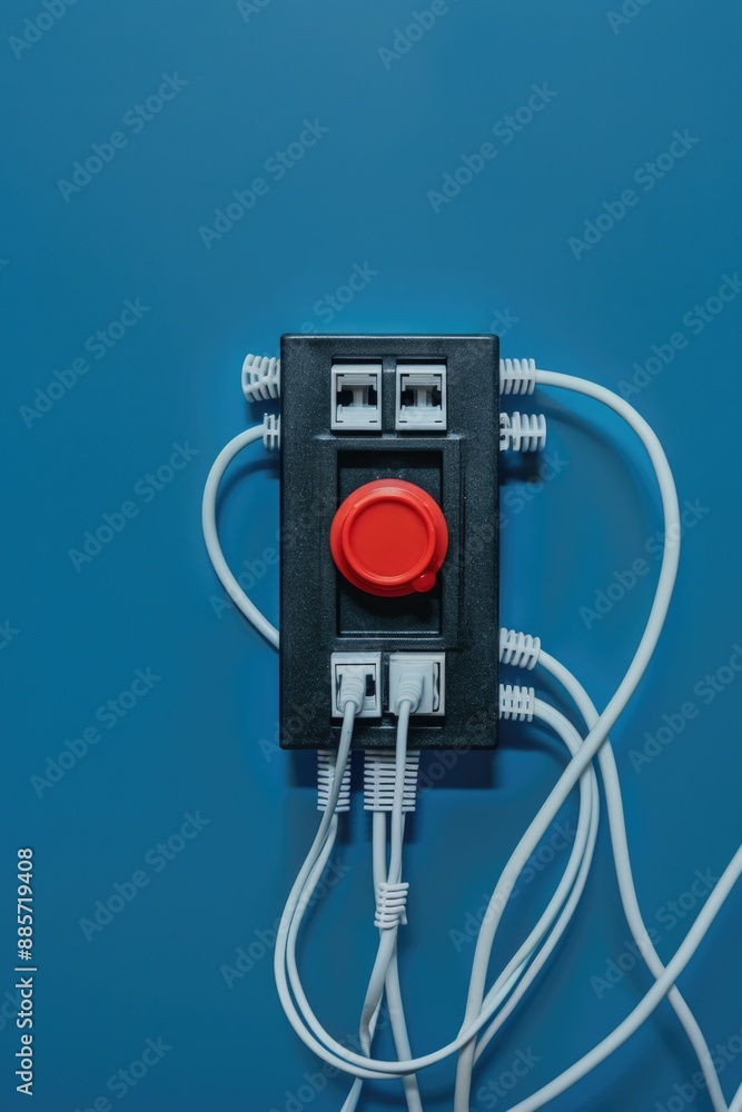 Close-up of a bright red button against a calm blue background, ideal for use in designs related to stop or start concepts Close-up of a bright red button against a calm blue background, ideal for use in designs related to stop or start concepts