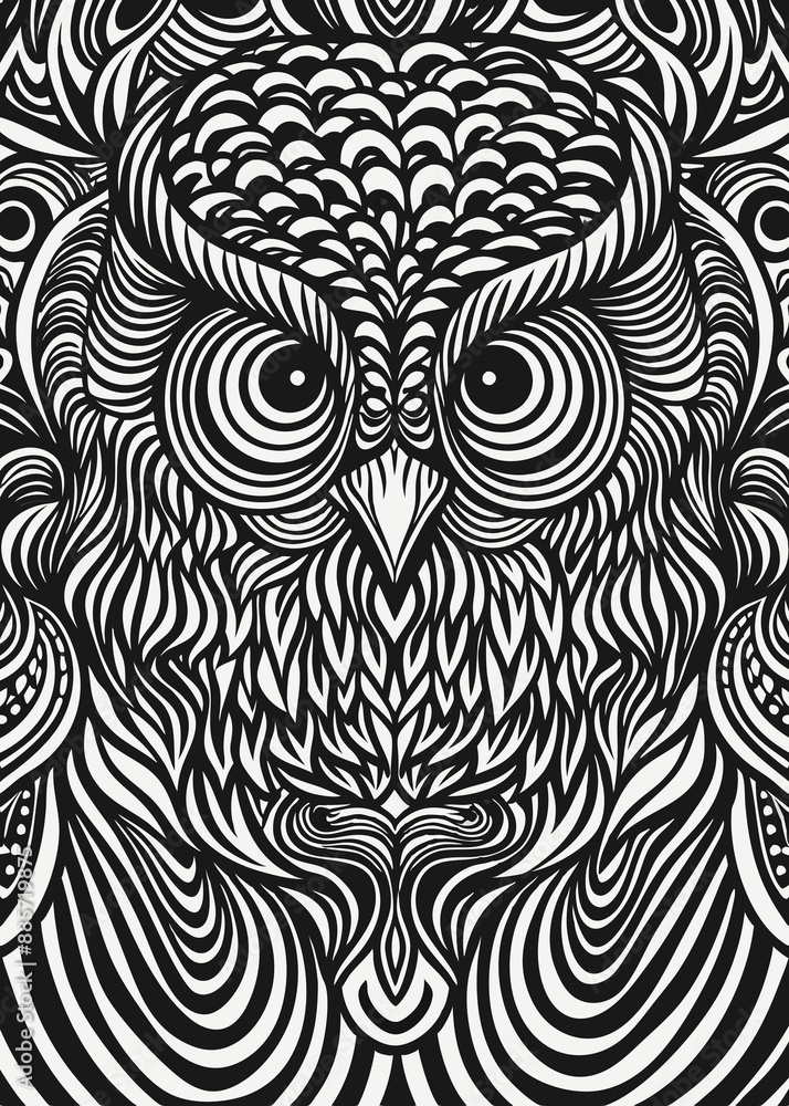 Fototapeta premium Psychedelic Black and White Owl Illustration with Hypnotic Linear Patterns