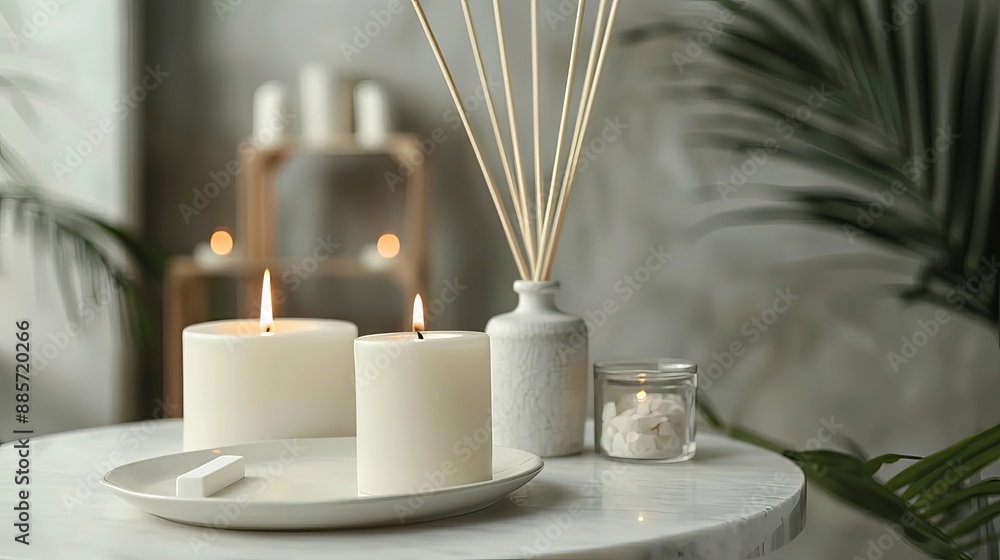 Burning candles and aromatic reed diffuser on a table in a spa salon with space provided for text Burning candles and aromatic reed diffuser on a table in a spa salon with space provided for text