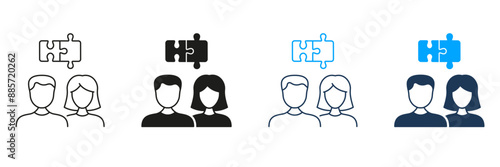 Puzzle Pieces and Couple Line and Silhouette Icon Set. Man And Woman Match Together in Relationship. Teamwork, Partnership. Romance Marriage Sign. Editable Stroke. Isolated Vector Illustration