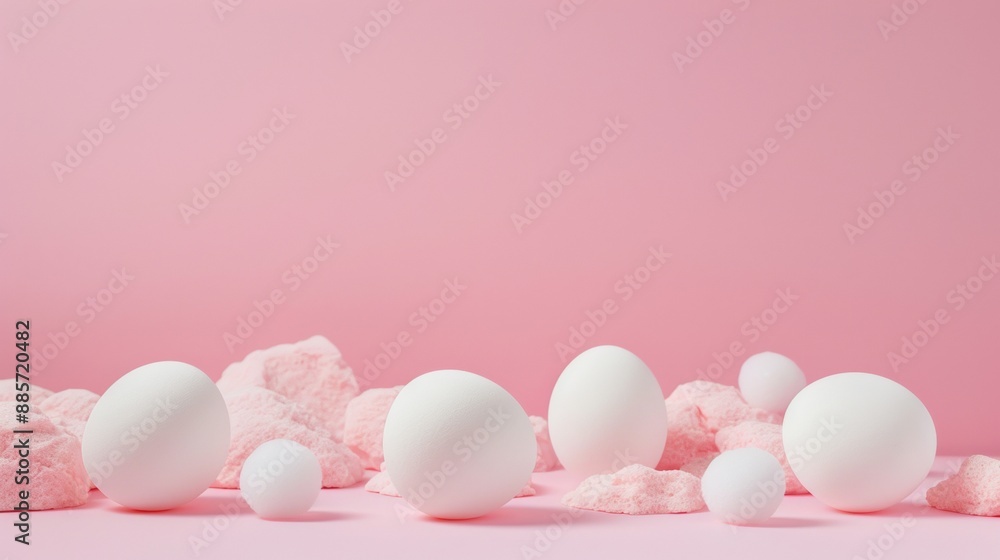 Minimalist white eggs and pink powder on pastel background Minimalist white eggs and pink powder on pastel background