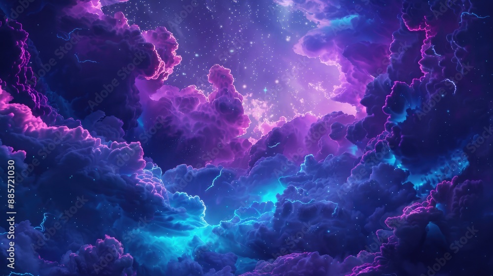 An otherworldly panorama reveals a sky painted in shades of purple and blue, with neon clouds swirling amidst the celestial canvas, evoking a sense of wonder and awe. An otherworldly panorama reveals a sky painted in shades of purple and blue, with neon clouds swirling amidst the celestial canvas, evoking a sense of wonder and awe.