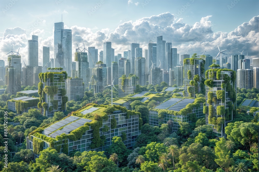 Obraz premium An eco-friendly city of the future with abundant greenery, solar panels, and wind generators, showcasing sustainable living.