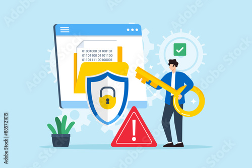 Flat illustration of person holding key to decrypting encoded data information security