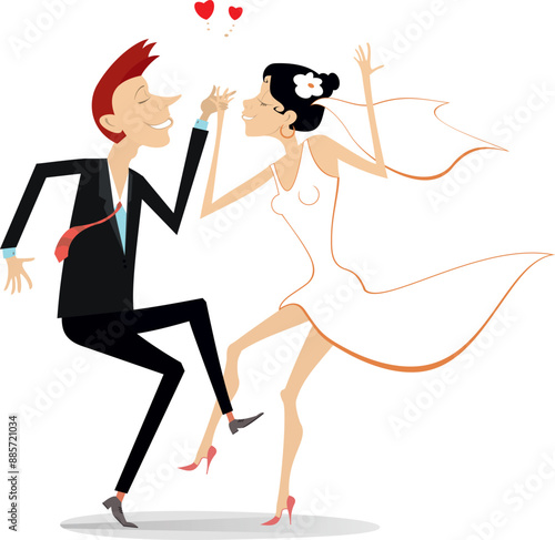 Dancing married wedding couple. 
Heart symbol and dancing happy man and woman in the white dress and wedding veil. Isolated on white background
