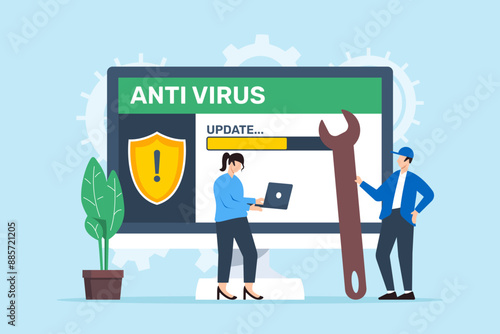 Flat illustration of two people updating antivirus software malware protection and preventing cyber threats