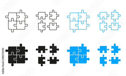 Square Jigsaw Parts Fit Line and Silhouette Icon Set. Puzzle Pieces Match. Teamwork, Idea, Logic Game, Combination Solution Concept. Editable Stroke. Isolated Vector Illustration