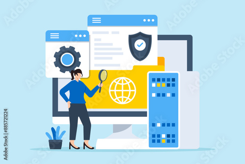 Flat illustration of woman checking system security of cybersecurity audit with magnifying glass
