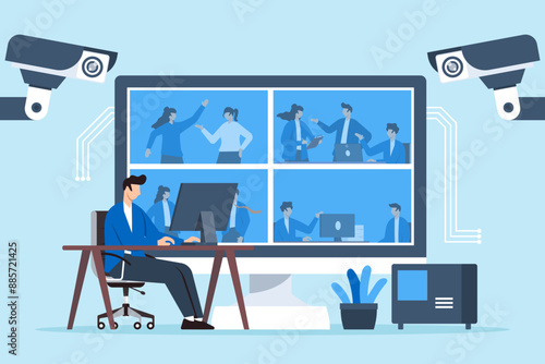 Flat illustration of man monitoring security cameras to ensuring safety and surveillance