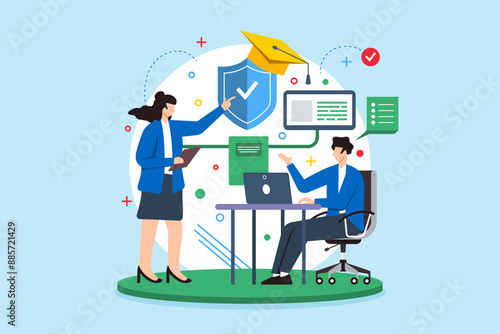 Flat illustration of woman educating man on cybersecurity best practices for cyber hygiene