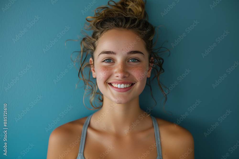 Caucasian female athlete smiling with confidence on blue background. Caucasian female athlete smiling with confidence on blue background.