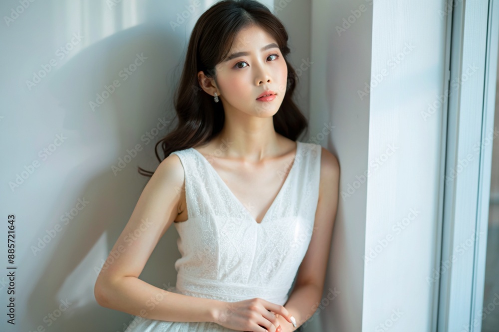 Asian girl in white dress leaning against wall,generative ai Asian girl in white dress leaning against wall,generative ai