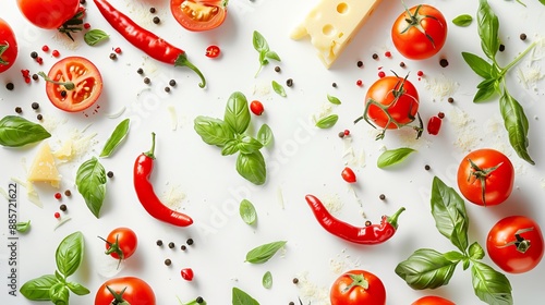 Colorful pizza ingredients such as tomatoes cheese chili peppers and basil leaves displayed on a white background in a top view with free space around them