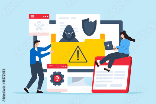 Flat illustration of two people handling data breach incident crisis management and recovering from attacks