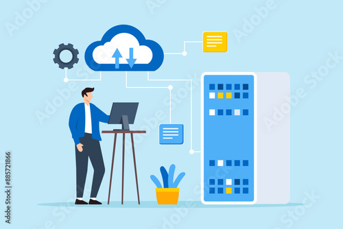 Flat illustration of man managing data backups and protecting against data loss