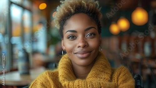 A close up shot of an attractive African American woman with short blonde hair sitting in her wheelchair