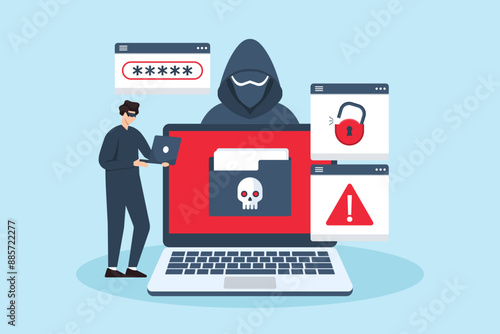 Flat illustration of hacker bypassing security measures ransomware prevention and cybersecurity defense