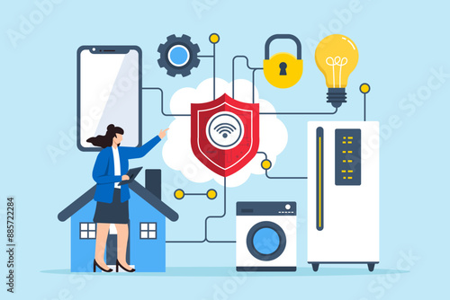 Flat illustration of woman managing IoT security internet of things protection