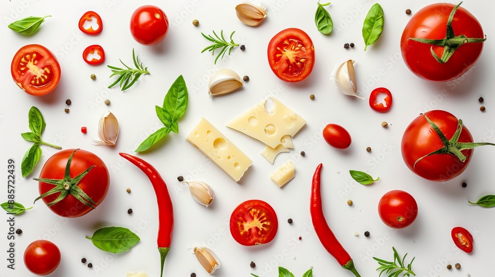 Colorful pizza ingredients such as tomatoes cheese chili peppers and basil leaves displayed on a white background in a top view with free space around them Colorful pizza ingredients such as tomatoes cheese chili peppers and basil leaves displayed on a white background in a top view with free space around them