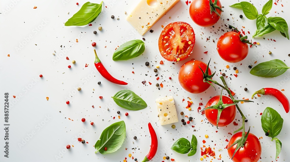 Colorful pizza ingredients such as tomatoes cheese chili peppers and basil leaves displayed on a white background in a top view with free space around them