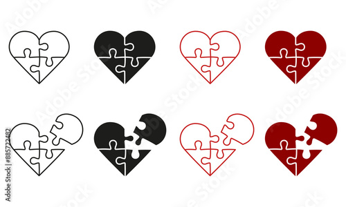 Jigsaw in Heart Shape with Missing Piece Line and Silhouette Icon. Puzzle Pieces Match Together. Editable Stroke. Isolated Vector Illustration