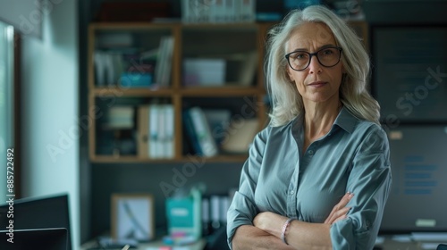 A woman wearing glasses sits in front of a computer, likely working or browsing