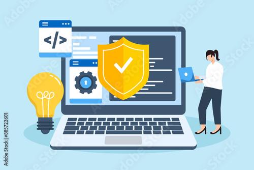 Flat illustration of woman developing secure software with security shield and programming code