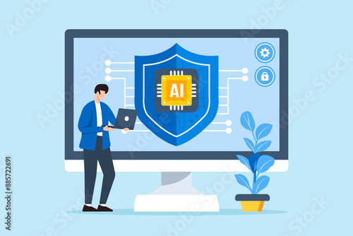Flat illustration of man using ai for cybersecurity artificial intelligence in security and automating defenses