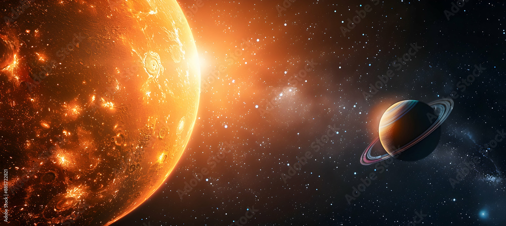 Fototapeta premium A solar planet surrounded by a cosmic ring system and distant stars