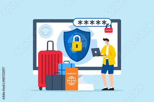 Flat illustration of man managing cybersecurity for travel and tourism protecting traveler information