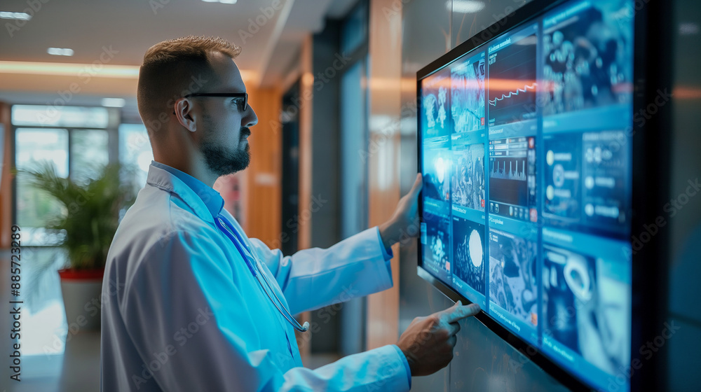 An interactive touchscreen display in a hospital lobby showing secure document management features for patient records. An interactive touchscreen display in a hospital lobby showing secure document management features for patient records.