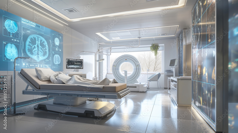 A modern hospital room with AI systems evaluating patient X-rays in real-time, enhancing diagnostic accuracy. A modern hospital room with AI systems evaluating patient X-rays in real-time, enhancing diagnostic accuracy.