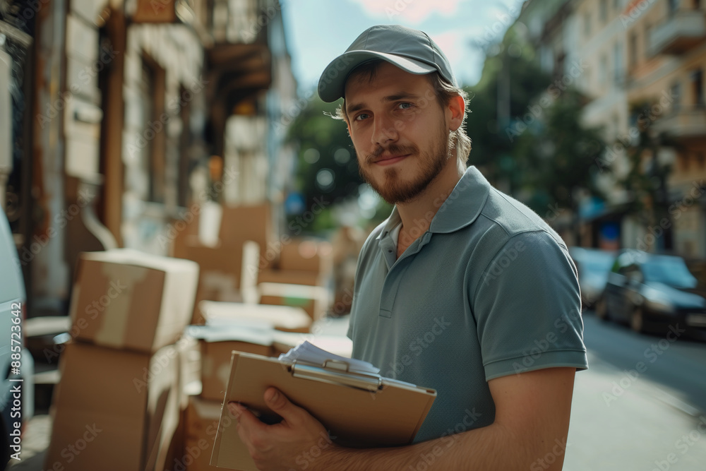 Caucasian male courier checks documents, delivers goods to customer by car.