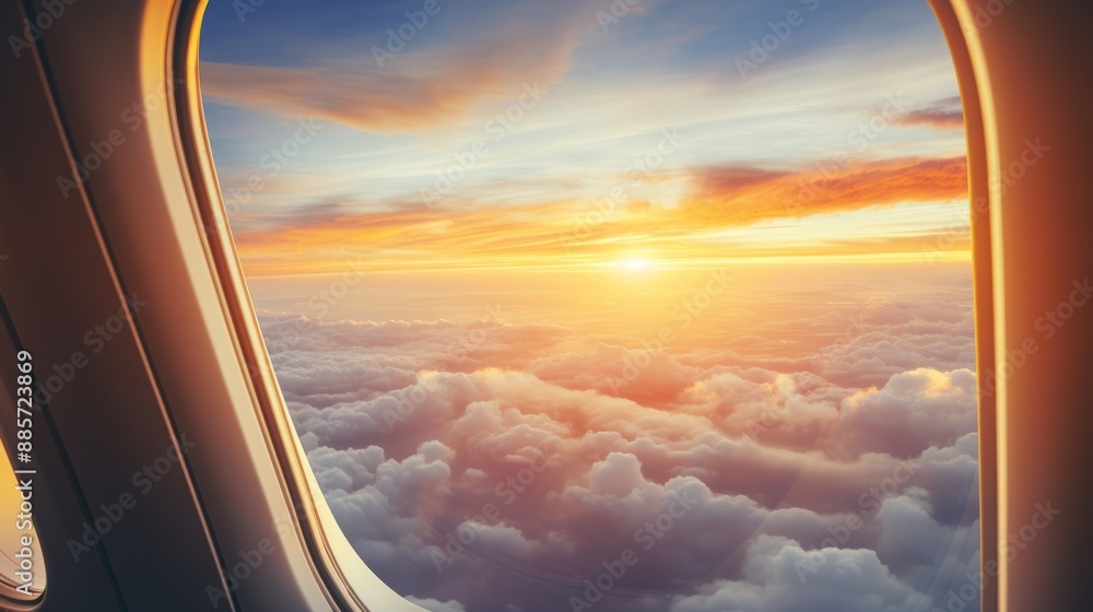 A view from an airplane window showing a sunrise over the clouds, creating a peaceful and inspiring backdrop A view from an airplane window showing a sunrise over the clouds, creating a peaceful and inspiring backdrop