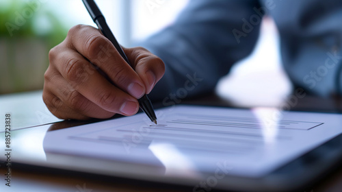 A close-up of a patientâs hand signing a consent form on a tablet, illustrating the digitization of healthcare documentation.