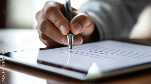 A close-up of a patientâs hand signing a consent form on a tablet, illustrating the digitization of healthcare documentation.