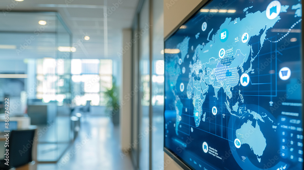 Fototapeta premium A digital display in a corporate office showing a map with icons representing environmental impact studies conducted in various regions.