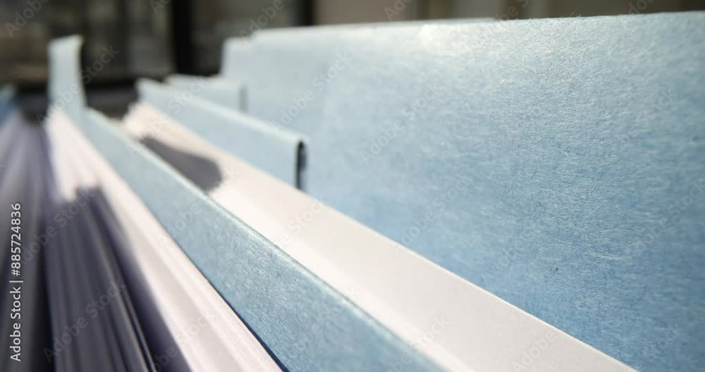 Blue cardboard folders with files in company archive. Corporate documents stored on shelf in warehouse. Business activity cases in sunny office Blue cardboard folders with files in company archive. Corporate documents stored on shelf in warehouse. Business activity cases in sunny office