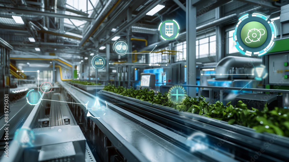 Obraz premium A high-tech factory with digital icons representing green technologies, renewable energy sources, and sustainability certifications, highlighting eco-friendly initiatives.