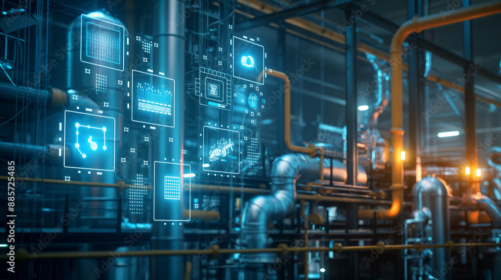 A factory with digital icons representing emissions control equipment, air quality monitoring systems, and compliance certificates. A factory with digital icons representing emissions control equipment, air quality monitoring systems, and compliance certificates.