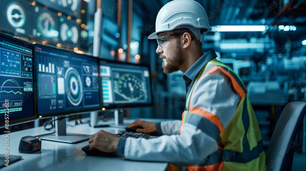 A technician in a factory control room reviewing digital data with icons for emissions control technology, air quality sensors, and regulatory compliance. A technician in a factory control room reviewing digital data with icons for emissions control technology, air quality sensors, and regulatory compliance.