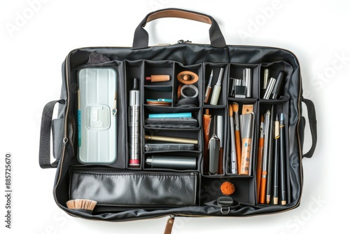 High-definition image of an open modern organizer bag with neatly arranged items on a white background photo