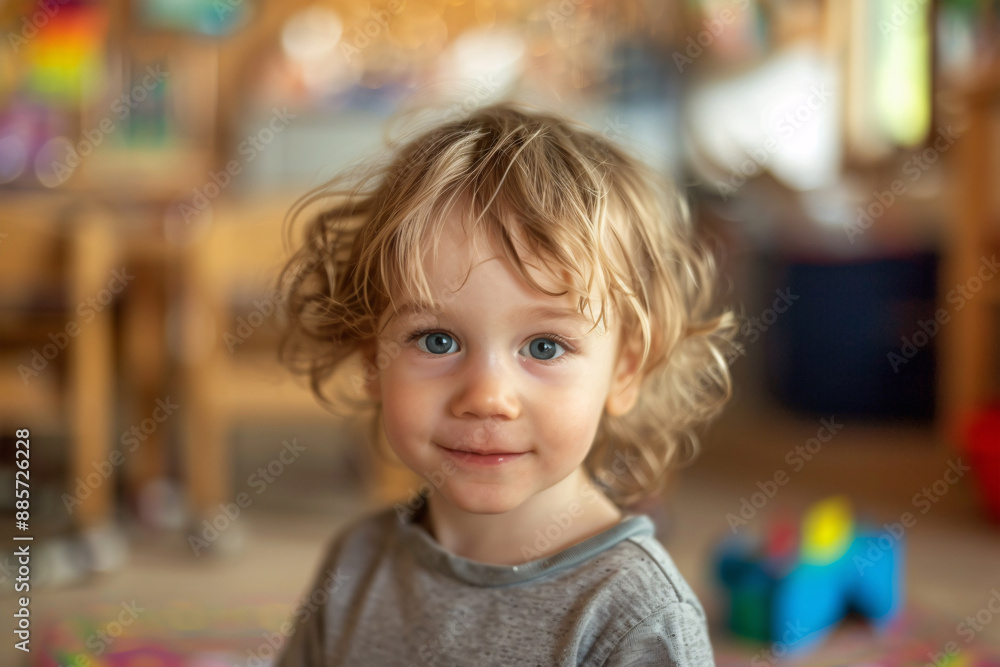 Young blond toddler boy in kindergarden child day care Young blond toddler boy in kindergarden child day care
