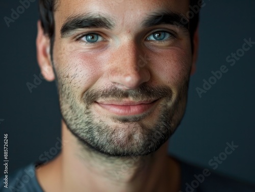 Close-up shot of a person with distinctive blue eyes