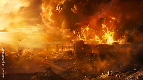 The destruction of a very ancient city predominantly built from materials like stone, a biblical event well-known in history as the destruction of Sodom and Gomorrah, cities infamous for their immora.