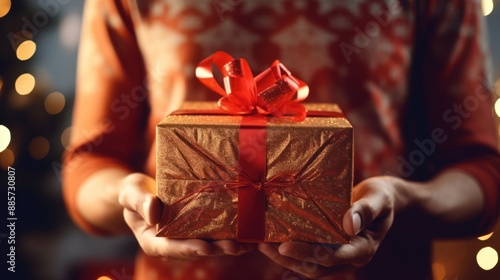 Beautiful woman celebrating Christmas at home. Close-up of hands in a seasonal winter interior. The concept of holidays. photo