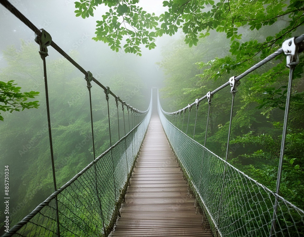Obraz premium Misty forest suspension bridge amidst lush foliage