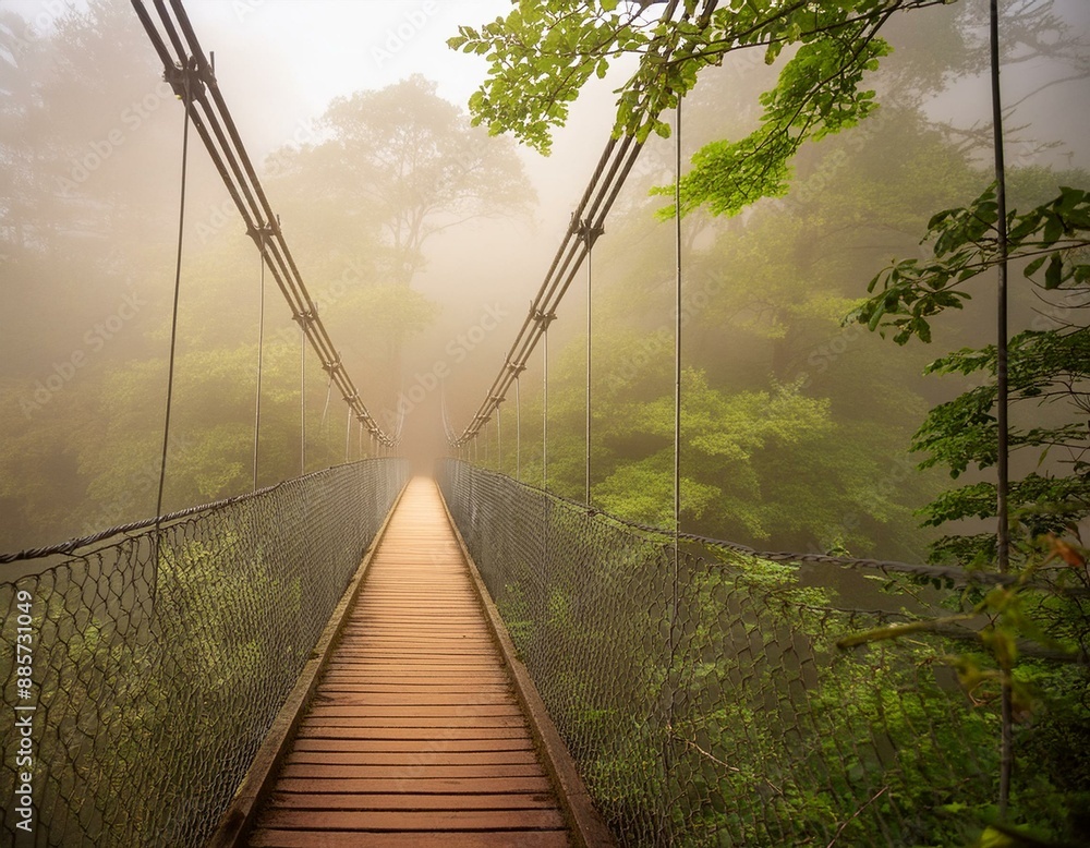 Obraz premium Misty forest suspension bridge amidst lush foliage
