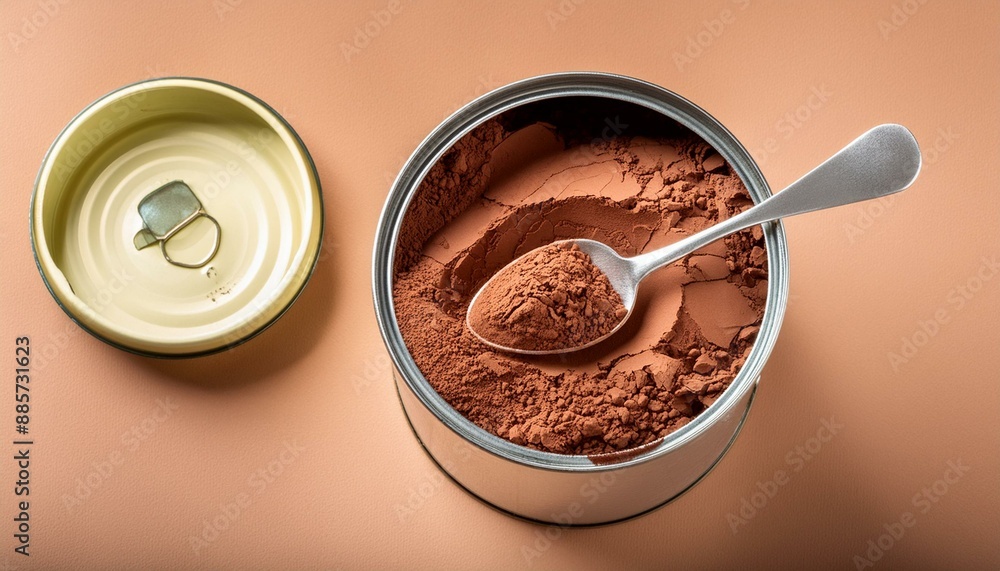 Overhead view of cocoa powder in tin can with spoon Overhead view of cocoa powder in tin can with spoon