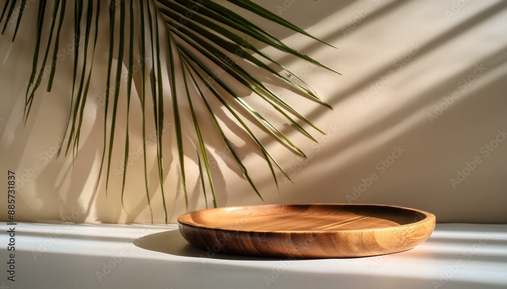 Obraz premium Serene home interior with wooden plate and shadow of a palm leaf